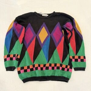 Vintage Rafaella Geometric Color Block Sweater Womens Lg 80s 90s Checker Diamond